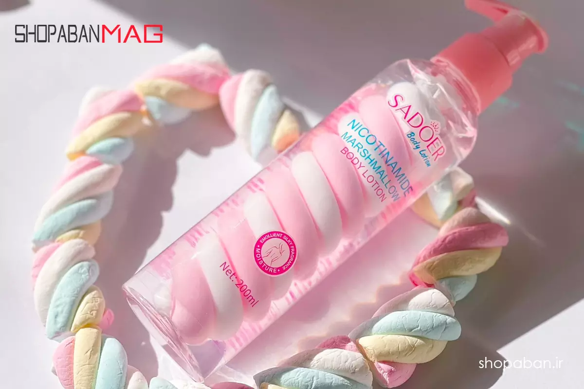 بطری لوسیون بدن مارشمالو با برچسب طبیعی